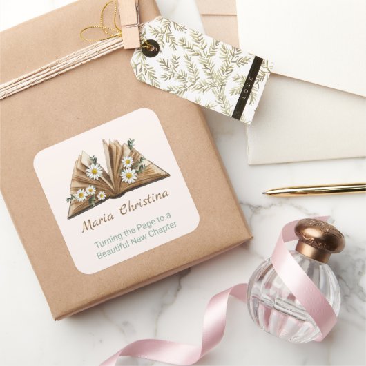 New Chapter Begins Turning the Page Floral Vierkante Sticker (Geschenken)