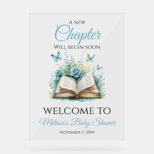 New Chapter Blue Brunch Book Baby Shower Welcome Acryl Bord (Voorkant)