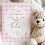 New Chapter Pink Book Baby Shower Invite Kaart<br><div class="desc">Celebrate the beginning of a beautiful new story with this charming “A New Chapter Is About to Begin” baby shower invitation. This elegant design features a watercolor open book with delicate florals and a baby rattle, symbolizing the sweet journey into parenthood. The soft pink gingham background and scalloped frame create...</div>