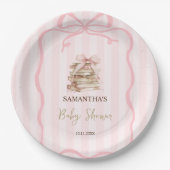 New Chapter Pink Bow Stripes Baby Shower Papieren Bordje (Voorkant)