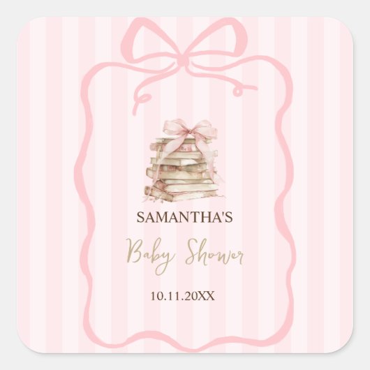 New Chapter Pink Bow Stripes Baby Shower Vierkante Sticker (Voorkant)