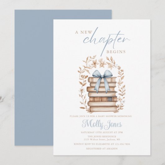 New Chapter Storybook Blue Bow Baby Shower Kaart (Voorkant / Achterkant)
