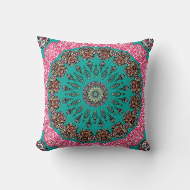 New City Kaleidoscope Blauwgroen en Fuchsia Pillow Kussen (Voorkant)