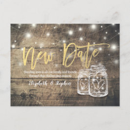 New Date Weddenschap Postponement Mason Jar Wood L Aankondigingskaart