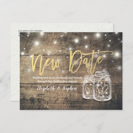 New Date Weddenschap Postponement Mason Jar Wood L Aankondigingskaart (Voorkant / Achterkant)