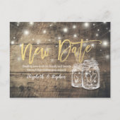 New Date Weddenschap Postponement Mason Jar Wood L Aankondigingskaart (Voorkant)