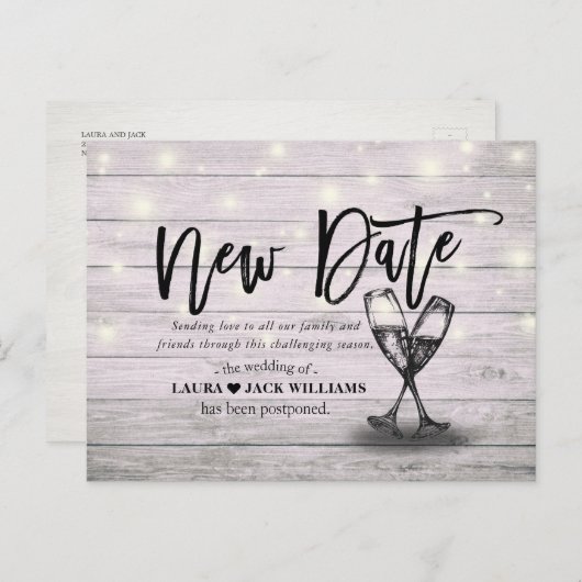 New Date Wedding Postponement Champagne Glasses Aankondigingskaart (Voorkant / Achterkant)