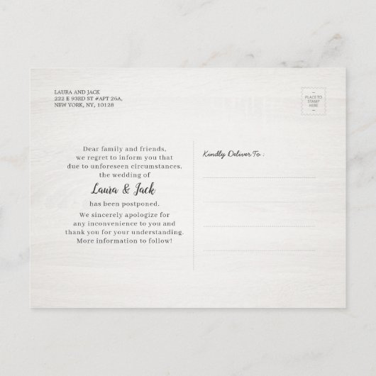 New Date Wedding Postponement Change of Plan Photo Aankondigingskaart (Achterkant)