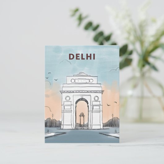  New Delhi, India Reizen waterverf retro Briefkaart (Staand voorkant)