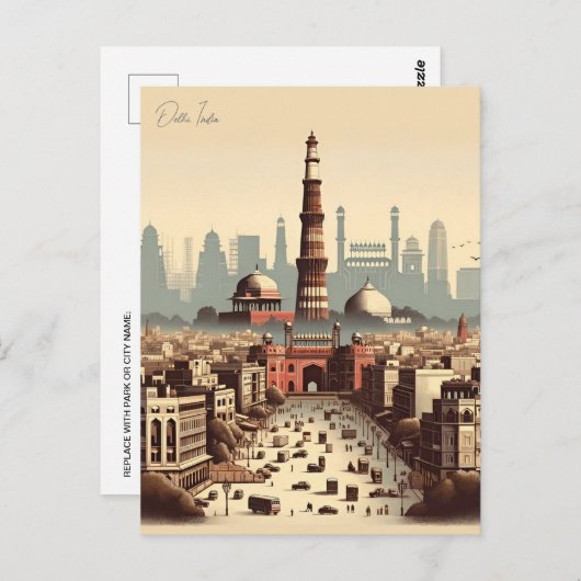  New Delhi, India Reizen waterverf retro Briefkaart (Voorkant / Achterkant)