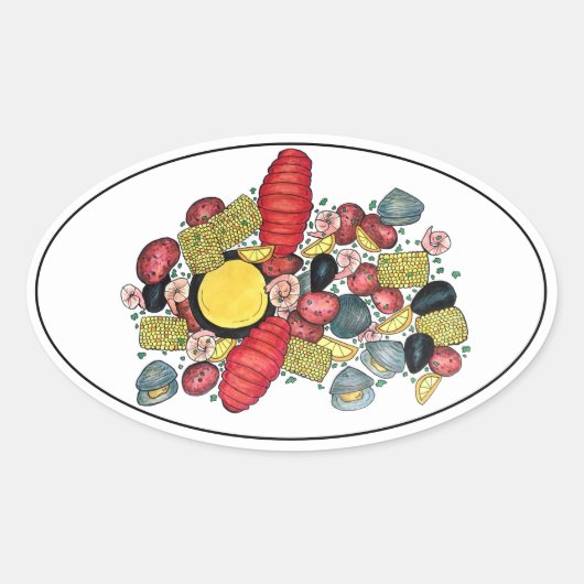 New England Clams Lobster Clambake Seafood Dinner Ovale Sticker (Voorkant)