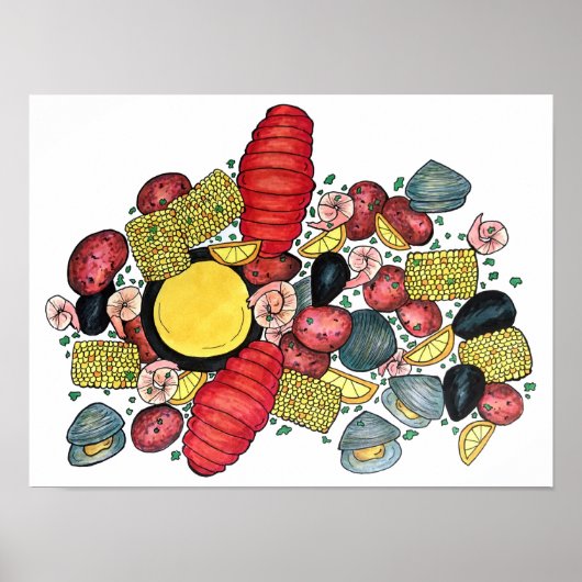 New England Clams Lobster Clambake Seafood Dinner Poster (Voorkant)