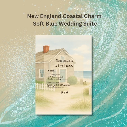 New England Coastal charme Zachte Blauwe bruiloft RSVP Kaartje