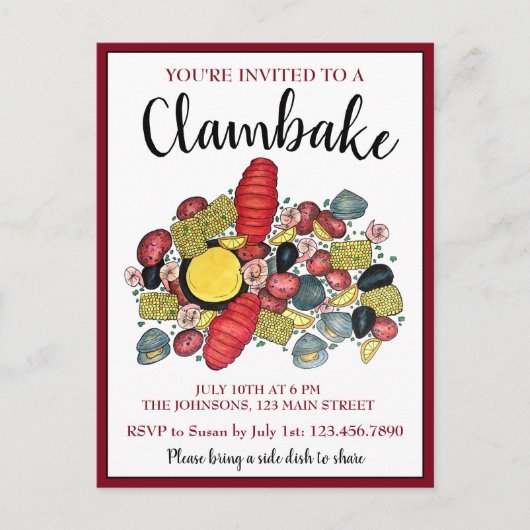 New England Lobster Boil Clambake Seafood Dinner Uitnodiging Briefkaart (Voorkant)