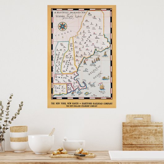  New England Map Summer Travel Poster (Keuken)