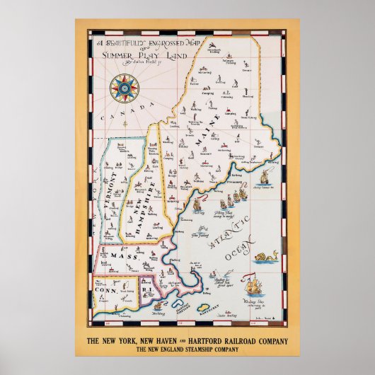  New England Map Summer Travel Poster (Voorkant)