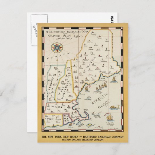 New England Map Travel Poster Briefkaart (Voorkant / Achterkant)