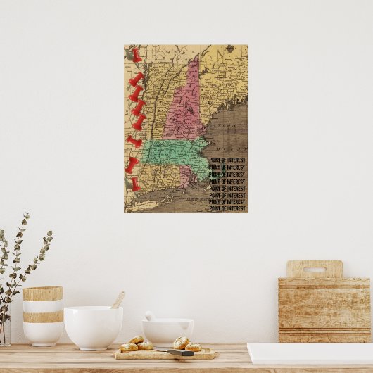 New England Points of Interest Map Marker (1836) Poster (Keuken)