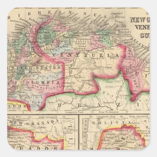 New Granada, Venezuela, Guyana Map van Mitchell Vierkante Sticker (Voorkant)