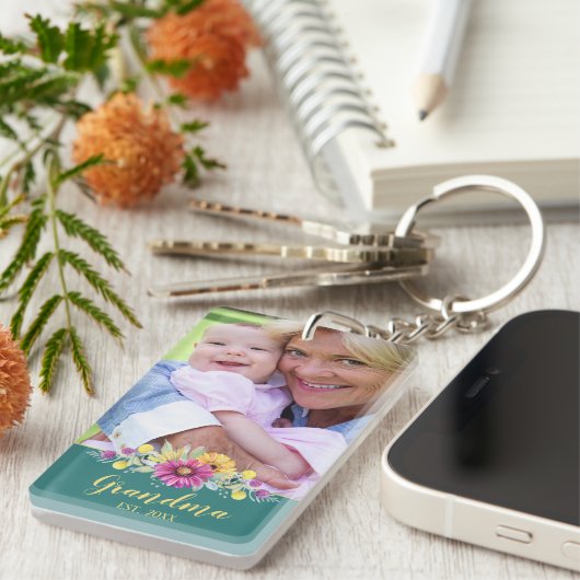New Grandma Elegant Flowers Turquoise Blauwgroen | Sleutelhanger (Voorkant Rechts)
