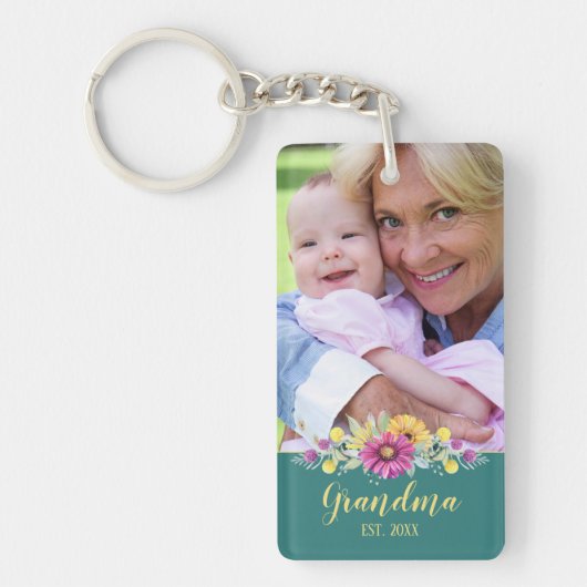 New Grandma Elegant Flowers Turquoise Blauwgroen | Sleutelhanger (Voorkant)