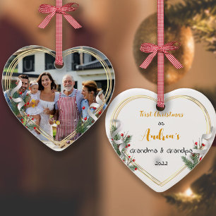 New Grandma Grandpa Holly & Pine Gold Lijst Foto Keramisch Ornament