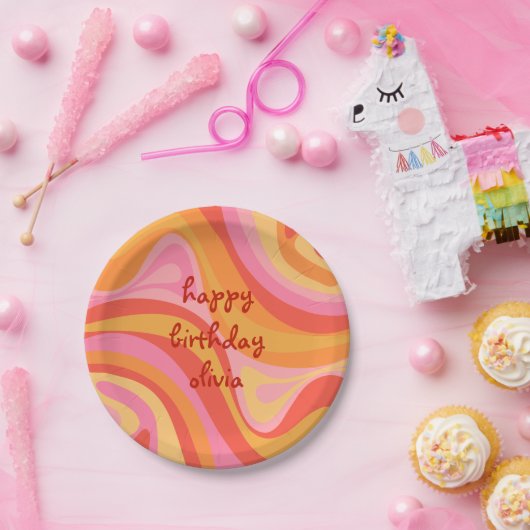 New Groove Retro Abstract roze Oranje Birthday Pap Papieren Bordje (Feest)