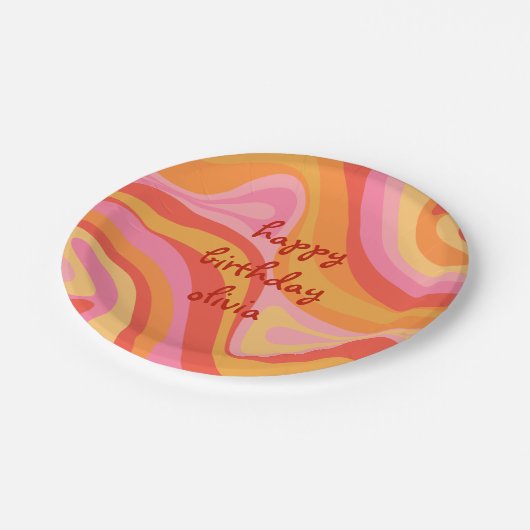 New Groove Retro Abstract roze Oranje Birthday Pap Papieren Bordje (Gekanteld)