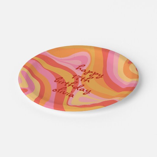 New Groove Retro Abstract roze Sinaasappel Birthda Papieren Bordje (Gekanteld)