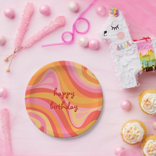 New Groove Retro Abstract roze Sinaasappel Birthda Papieren Bordje (Feest)