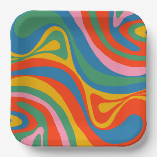 New Groove Retro Trippy Colorful Abstract Patroon Papieren Bordje