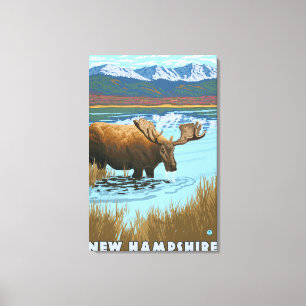 New Hampshire Moose Drink in Lake Canvas Afdruk
