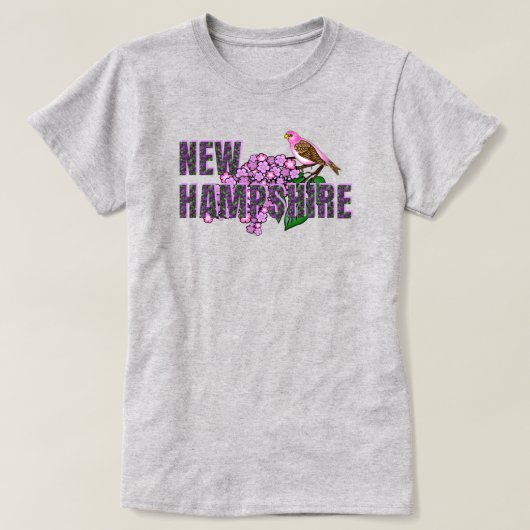 New Hampshire State Symbols Purple Finch & Lilacs T-shirt (Design voorkant)