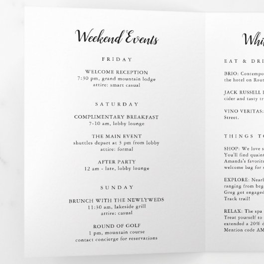 New Hampshire Wedding Welcome Letter & Itinerary Drieluik Programma (Binnenzijde eerst)