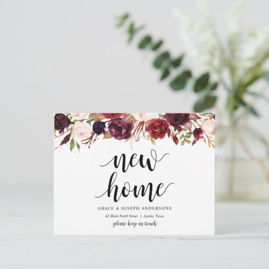 New Home Address, burgundy floral, Aankondiging Briefkaart (Staand voorkant)