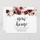 New Home Address, burgundy floral, Aankondiging Briefkaart (Voorkant / Achterkant)