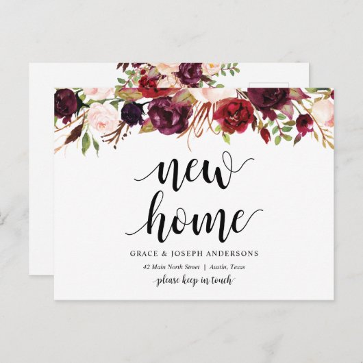 New Home Address, burgundy floral, Aankondiging Briefkaart (Voorkant / Achterkant)
