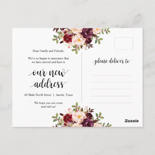 New Home Address, burgundy floral, Aankondiging Briefkaart (Achterkant)