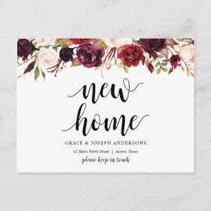 New Home Address, burgundy floral, Aankondiging Briefkaart