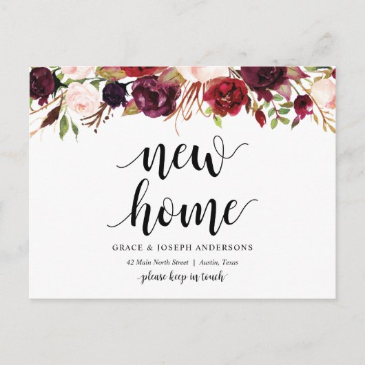 New Home Address, burgundy floral, Aankondiging Briefkaart (Voorkant)