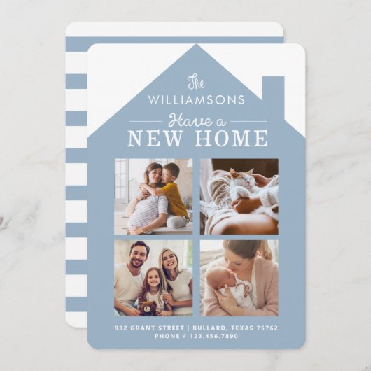 New Home Address Family Photo Collage Blue Aankondiging (Voorkant / Achterkant)