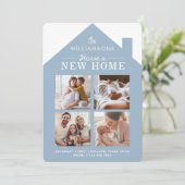 New Home Address Family Photo Collage Blue Aankondiging (Staand voorkant)