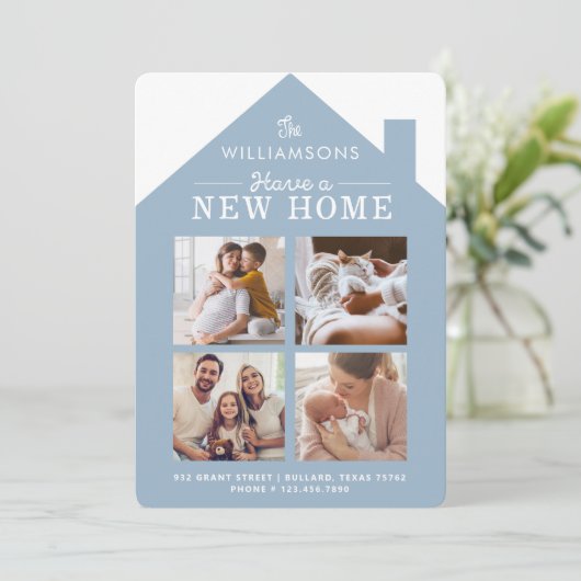 New Home Address Family Photo Collage Blue Aankondiging (Staand voorkant)