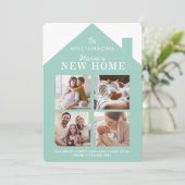 New Home Address Family Photo Collage Turquoise Aankondiging (Staand voorkant)