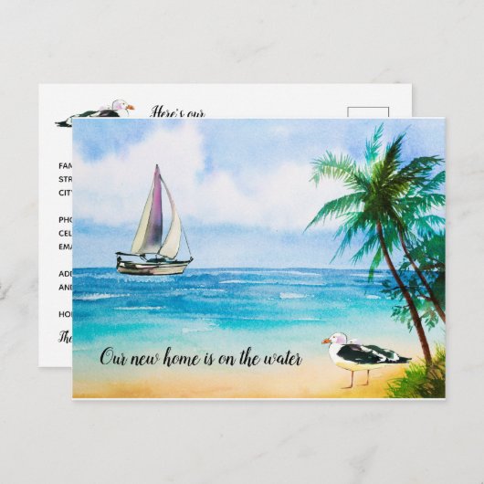 New Home Beach Scene Sailboat Palms Moving Aankondigingskaart (Voorkant / Achterkant)