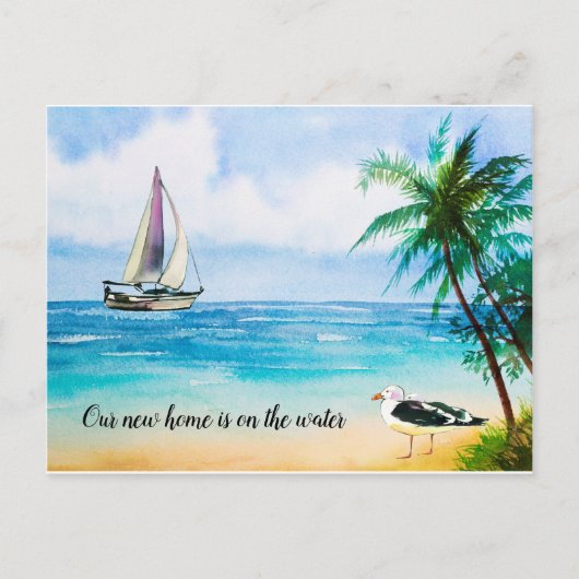 New Home Beach Scene Sailboat Palms Moving Aankondigingskaart (Voorkant)