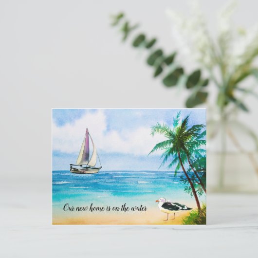 New Home Beach Scene Sailboat Palms Moving Aankondigingskaart (Staand voorkant)