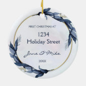 New Home Blue Floral First Home Christmas  Keramisch Ornament (Achterkant)