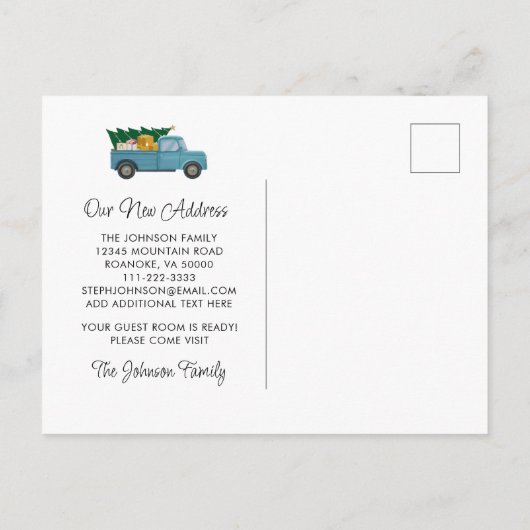 New Home  Blue Truck-kerstboom Aankondigingskaart (Achterkant)