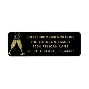New Home Champagne Toast Gold Black Return-adres Etiket